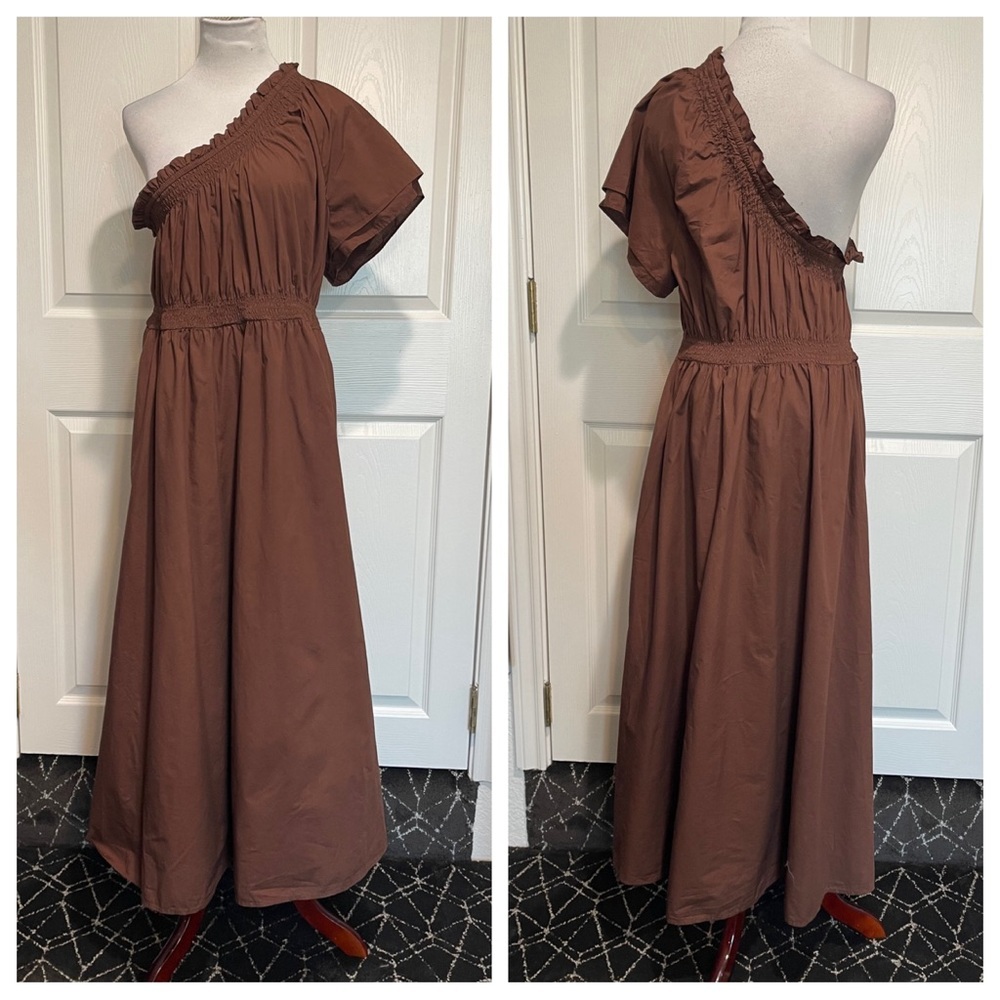 J Crew Smocked one-shoulder dress in cotton poplin Roasted Cocoa Brown - Picture 2 of 8